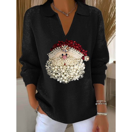 Women Santa Claus Printing Spring/Fall Casual Long Sleeve Shawl Collar Sweater