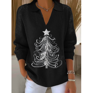 Women Christmas Printing Spring/Fall Casual Long Sleeve Shawl Collar Sweater