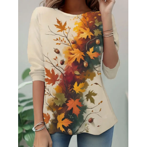 Women Maple Leaf Long Sleeve Tee T-shirt Crew Neck Casual Spring/Fall Tunic Top
