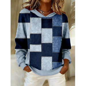 Women Abstract Plaid Spring/Fall Printing Long Sleeve Casual Daily Hoodie