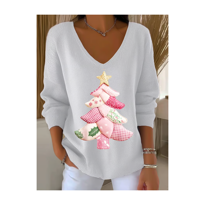 Women Christmas Long Sleeve Tee T-shirt V Neck Printing Casual Spring/Fall Top