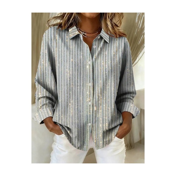 Women Striped Long Sleeve Shirt Spring/Fall Buckle Shirt Collar Regular Sleeve Daily Casual Top