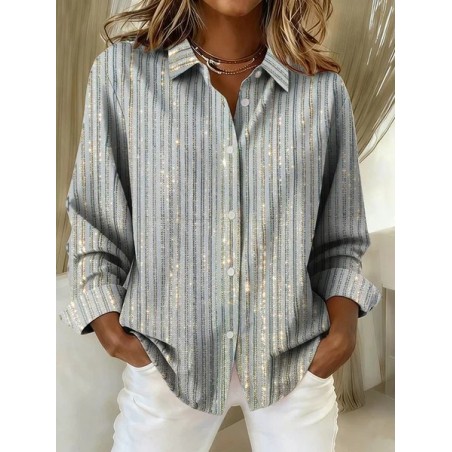 Women Striped Long Sleeve Shirt Spring/Fall Buckle Shirt Collar Regular Sleeve Daily Casual Top