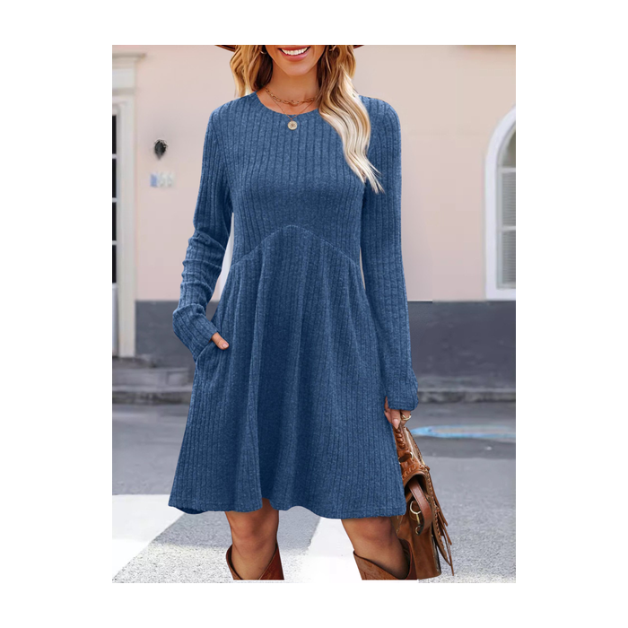 Women Plain Long Sleeve Spring/Fall Split Joint Dress Crew Neck Daily Casual Mini Tank A-Line Dress