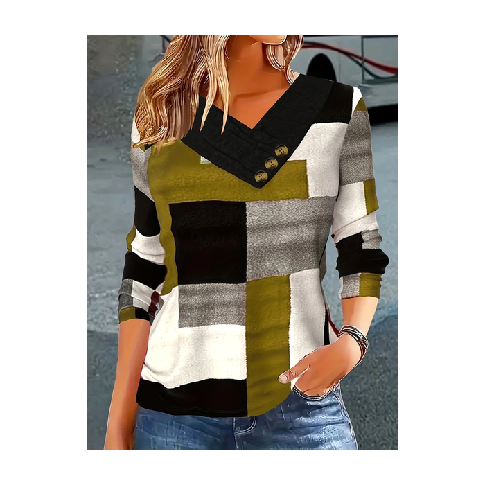 Women Abstract Long Sleeve Tee T-shirt Cross Neck Printing Casual Spring/Fall Top