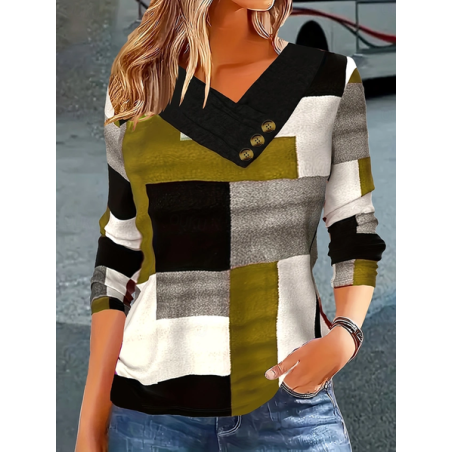 Women Abstract Long Sleeve Tee T-shirt Cross Neck Printing Casual Spring/Fall Top
