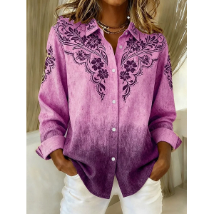 Women Floral Long Sleeve Shirt Spring/Fall Buckle Shirt Collar Regular Sleeve Daily Casual Top