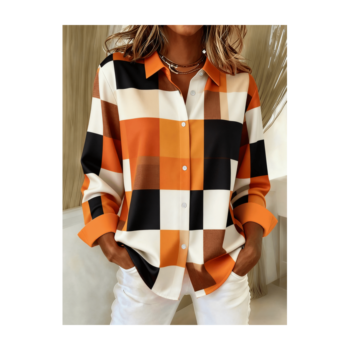 Women Abstract Long Sleeve Shirt Spring/Fall Buckle Shirt Collar Regular Sleeve Daily Casual Top