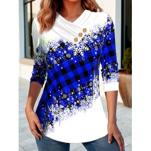 Women Plaid Long Sleeve Tee T-shirt Cross Neck Printing Casual Spring/Fall Top