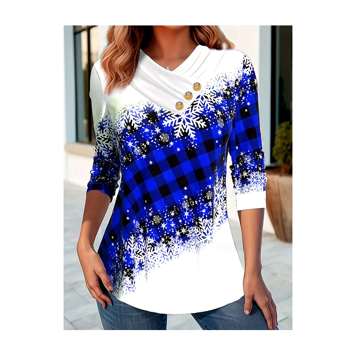 Women Plaid Long Sleeve Tee T-shirt Cross Neck Printing Casual Spring/Fall Top