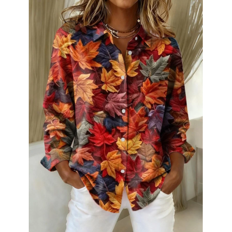 Women Maple Leaf Long Sleeve Shirt Spring/Fall Buckle Shirt Collar Regular Sleeve Daily Casual Top