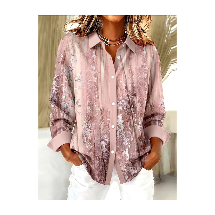 Women Floral Long Sleeve Shirt Spring/Fall Buckle Shirt Collar Regular Sleeve Daily Casual Top