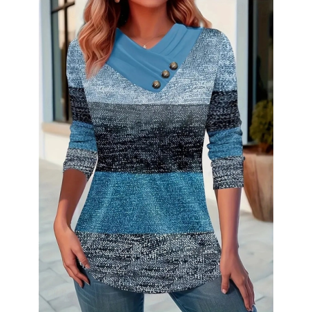 Women Multicolor Block Long Sleeve Tee T-shirt Cross Neck Printing Casual Spring/Fall Top