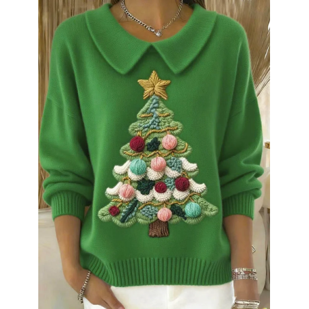 Women Christmas Printing Spring/Fall Casual Long Sleeve Shawl Collar Sweater