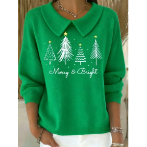 Women Christmas Printing Spring/Fall Casual Long Sleeve Shawl Collar Sweater