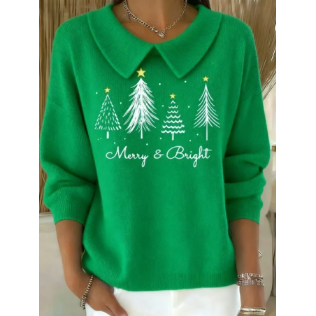 Women Christmas Printing Spring/Fall Casual Long Sleeve Shawl Collar Sweater