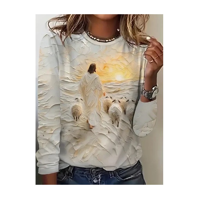 Women Jesus Copy Long Sleeve Tee T-shirt Crew Neck Printing Casual Spring/Fall Graphic Tee Top