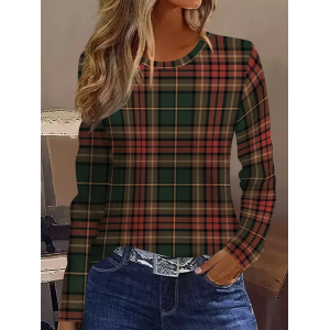 Women Plaid Long Sleeve Tee T-shirt Crew Neck Printing Casual Spring/Fall Graphic Tee Top