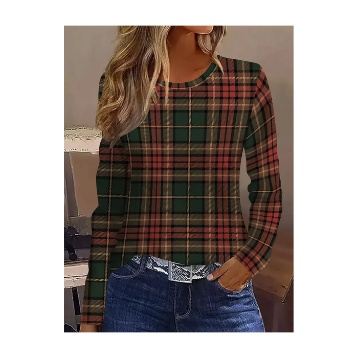 Women Plaid Long Sleeve Tee T-shirt Crew Neck Printing Casual Spring/Fall Graphic Tee Top