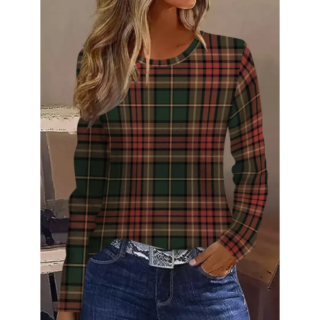 Women Plaid Long Sleeve Tee T-shirt Crew Neck Printing Casual Spring/Fall Graphic Tee Top
