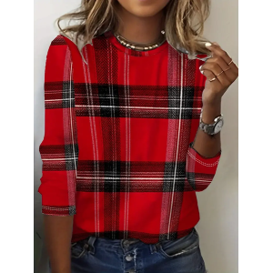 Women Plaid Long Sleeve Tee T-shirt Crew Neck Printing Casual Spring/Fall Graphic Tee Top