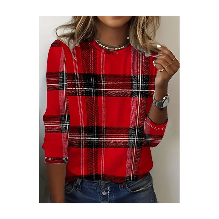Women Plaid Long Sleeve Tee T-shirt Crew Neck Printing Casual Spring/Fall Graphic Tee Top