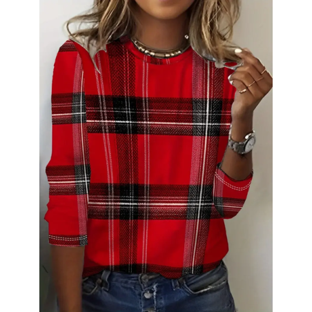 Women Plaid Long Sleeve Tee T-shirt Crew Neck Printing Casual Spring/Fall Graphic Tee Top