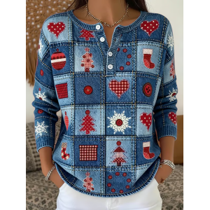 Women Christmas Printing Spring/Fall Casual Long Sleeve Crew Neck Sweater
