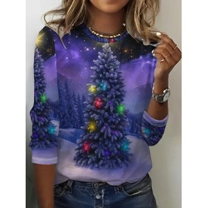 Women Christmas Long Sleeve Tee T-shirt Crew Neck Printing Casual Spring/Fall Graphic Tee Top