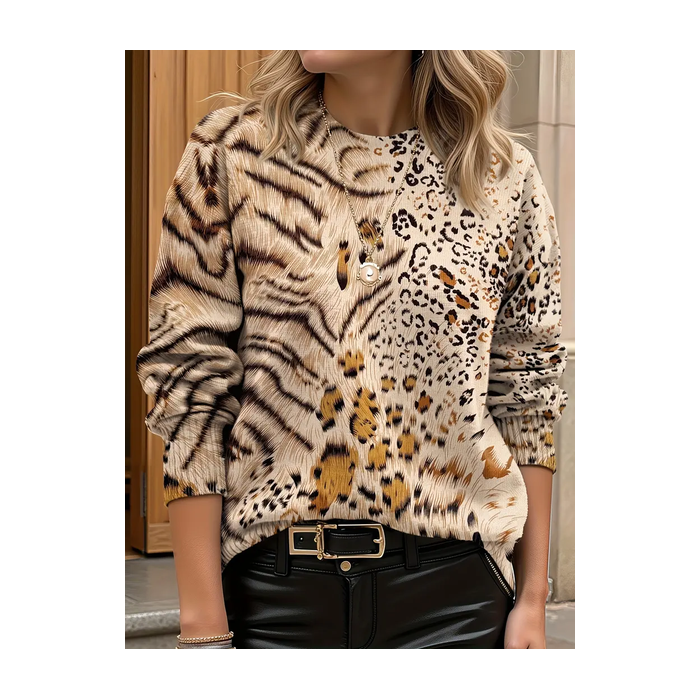 Women Leopard Printing Spring/Fall Casual Long Sleeve Crew Neck Sweater