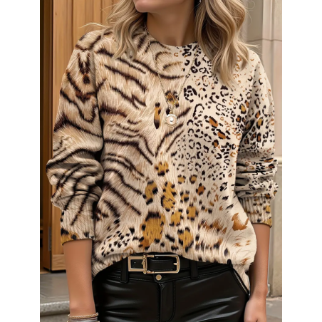 Women Leopard Printing Spring/Fall Casual Long Sleeve Crew Neck Sweater