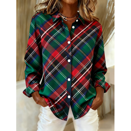 Women Plaid Long Sleeve Shirt Spring/Fall Buckle Shirt Collar Regular Sleeve Daily Casual Top