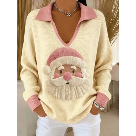 Women Santa Claus Printing Spring/Fall Casual Long Sleeve Shawl Collar Sweater