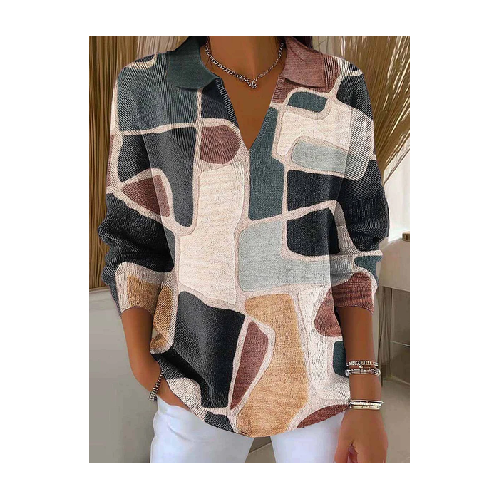 Women Abstract Printing Spring/Fall Casual Long Sleeve Shawl Collar Sweater