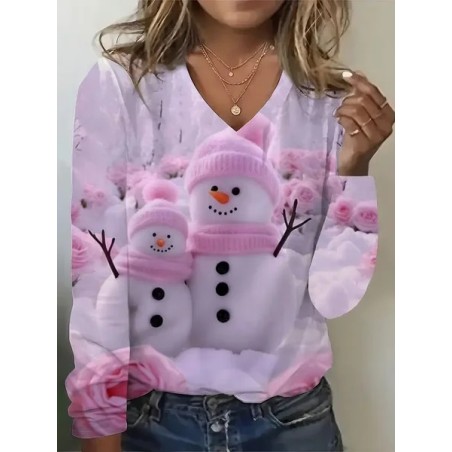 Women Christmas Snowman Long Sleeve Tee T-shirt V Neck Printing Casual Spring/Fall Graphic Tee Top