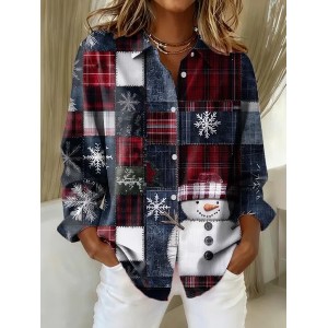 Women Christmas Snowman Long Sleeve Shirt Spring/Fall Buckle Shirt Collar Regular Sleeve Daily Casual Top