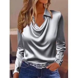 Women Plain Long Sleeve Shirt Spring/Fall Cowl Neck Party Casual Top
