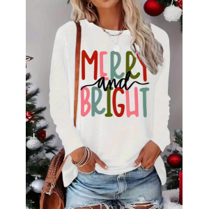 Women Text Letters Long Sleeve Tee T-shirt Crew Neck Printing Casual Spring/Fall Graphic Tee Top