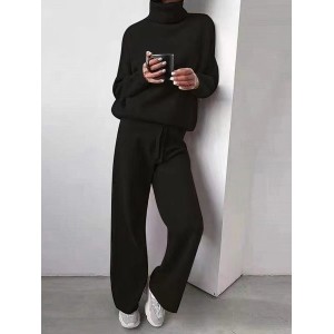 Women Plain Split Joint Two-Piece Set Daily Long Sleeve Casual Spring/Fall Top With Pants Matching Set