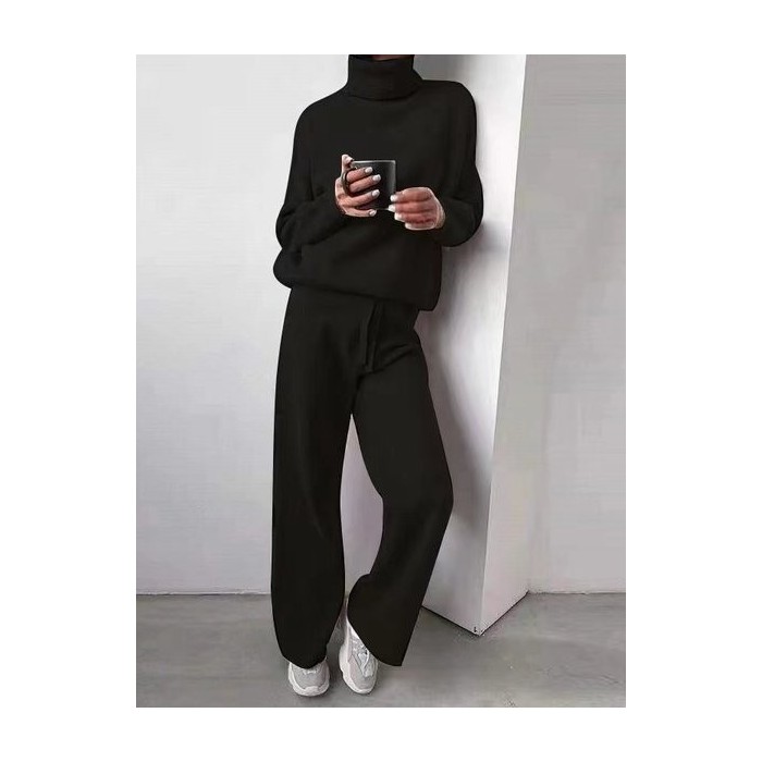 Women Plain Split Joint Two-Piece Set Daily Long Sleeve Casual Spring/Fall Top With Pants Matching Set