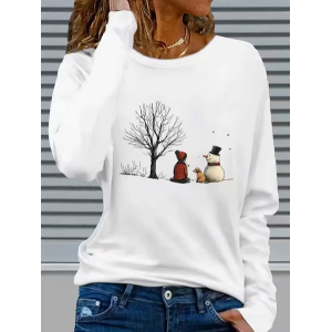 Women Christmas Snowman Long Sleeve Tee T-shirt Crew Neck Printing Casual Spring/Fall Graphic Tee Top