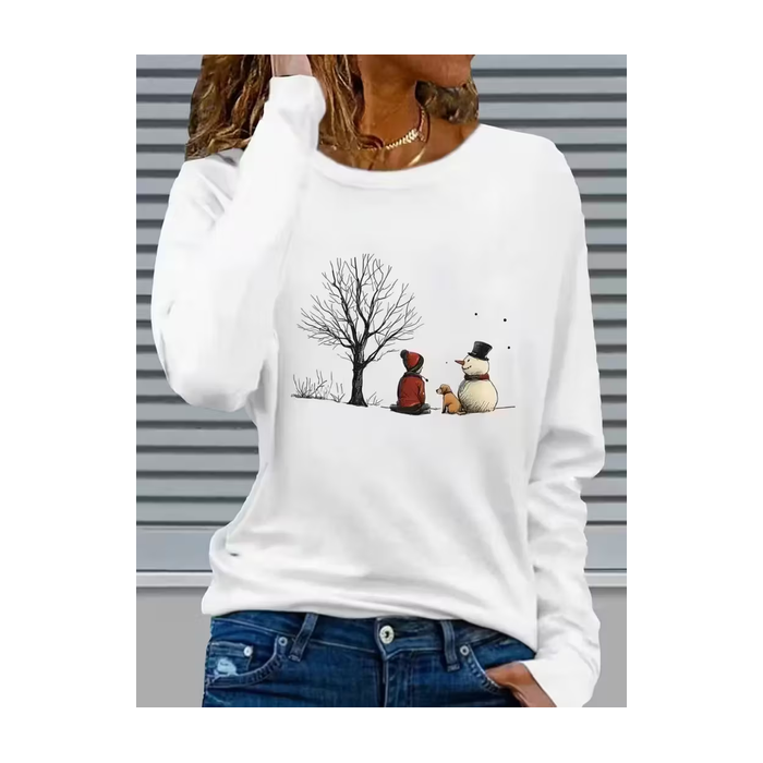 Women Christmas Snowman Long Sleeve Tee T-shirt Crew Neck Printing Casual Spring/Fall Graphic Tee Top