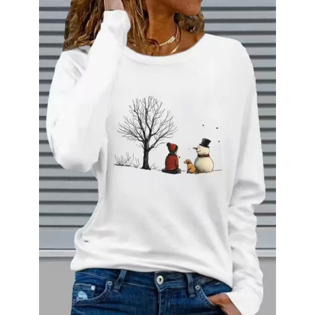 Women Christmas Snowman Long Sleeve Tee T-shirt Crew Neck Printing Casual Spring/Fall Graphic Tee Top