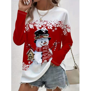 Women Christmas Snowman Long Sleeve Tee T-shirt Crew Neck Printing Casual Spring/Fall Graphic Tee Top