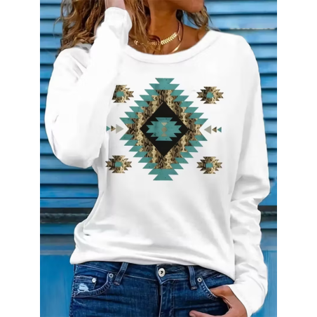 Women Ethnic Long Sleeve Tee T-shirt Crew Neck Printing Casual Spring/Fall Graphic Tee Top