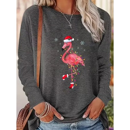 Women Flamingo Long Sleeve Tee T-shirt Crew Neck Printing Casual Spring/Fall Graphic Tee Top