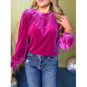 Women Plain Long Sleeve Shirt Spring/Fall Gathered Crew Neck Puff Sleeve Daily Casual Top