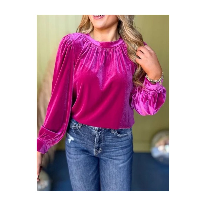 Women Plain Long Sleeve Shirt Spring/Fall Gathered Crew Neck Puff Sleeve Daily Casual Top