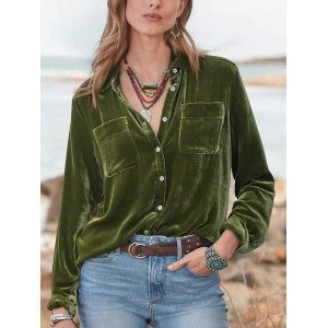 Women Plain Half Sleeve Shirt Summer Split Joint Shawl Collar Daily Vintage Top