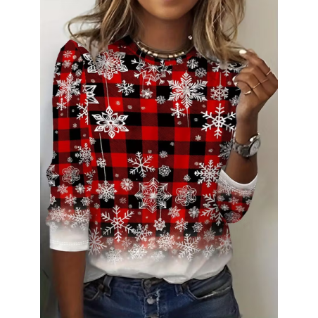 Women Plaid Long Sleeve Tee T-shirt Crew Neck Printing Casual Spring/Fall Graphic Tee Top